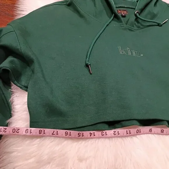 Kin Cropped Green Cotton S Hoodie With Satin-Lined Hood Drawstring - Picture 8 of 11